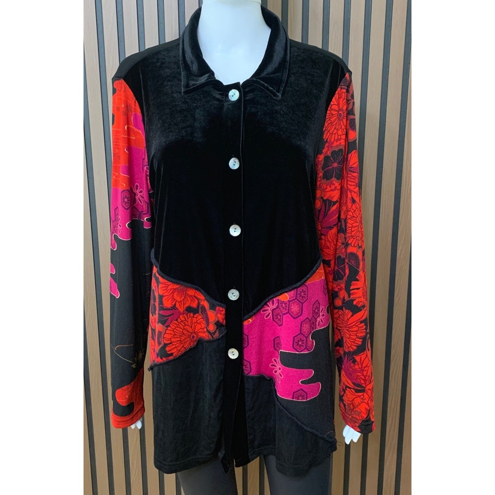 Coldwater Creek Black Velvet Floral Patchwork Button Front Tunic Top L Artsy
